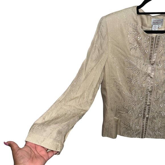 Adrianna Papell 100% Silk Jacket Women's Gold Long Sleeve Vintage Embroidered 16 - Picture 3 of 16